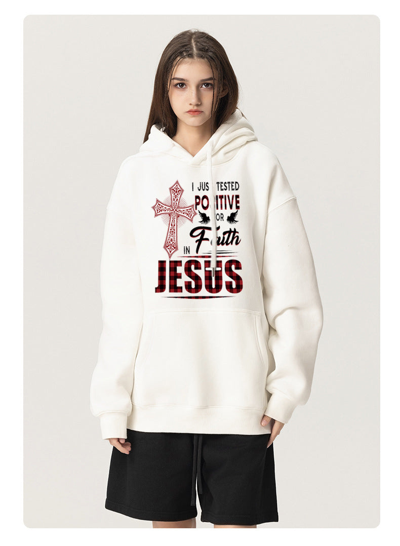 JESUS Plush Hooded Collar Drawstring Hoodies Pullover Sweatshirts Casual Long Sleeve Shirts