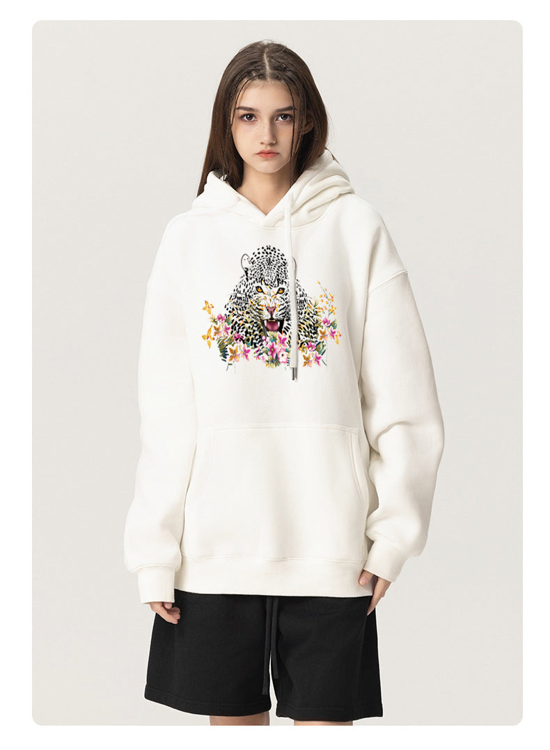 Tiger in the flowers Cotton Plush Hooded Collar Drawstring Hoodies Pullover Sweatshirts Casual Long Sleeve Shirts