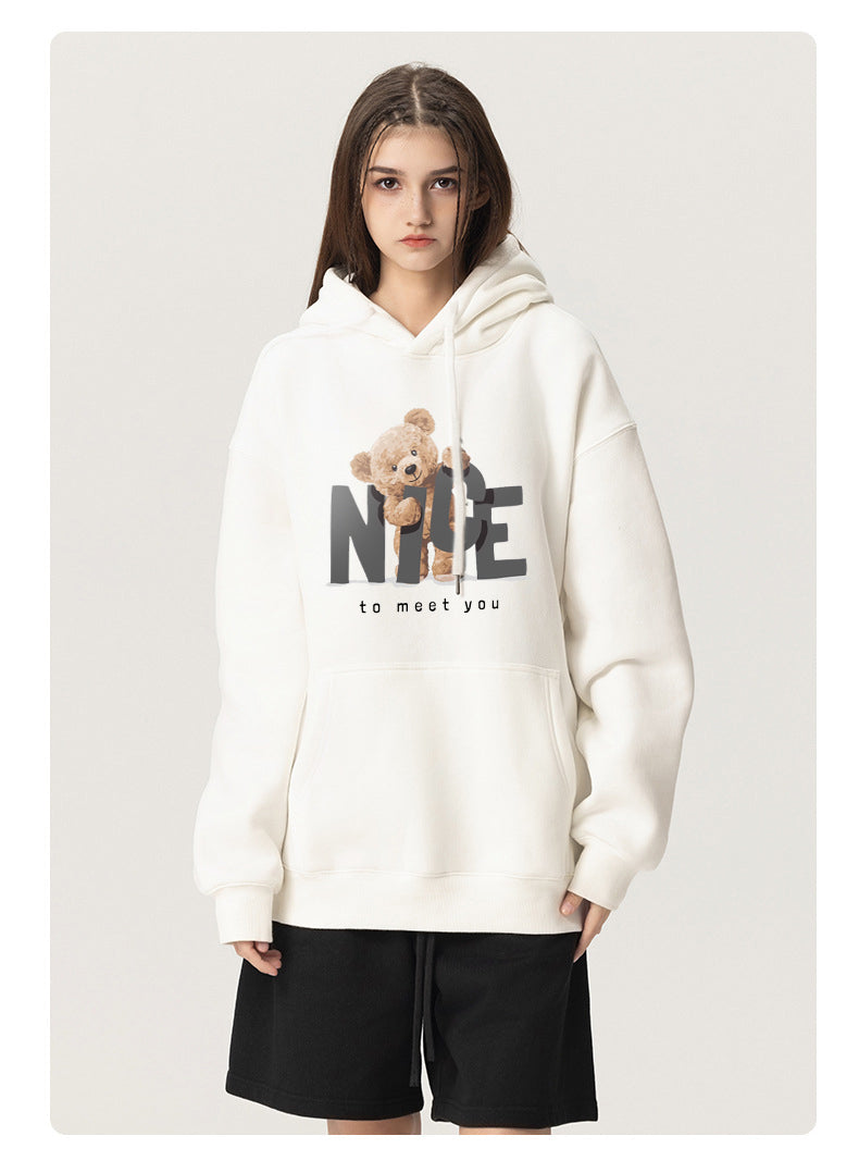 Nice Bear Plush Hooded Collar Drawstring Hoodies Pullover Sweatshirts Casual Long Sleeve Shirts