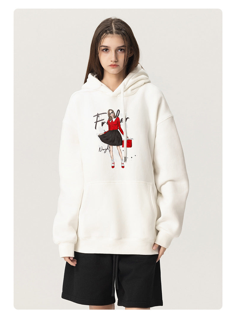 Modern girl in red Cotton Plush Hooded Collar Drawstring Hoodies Pullover Sweatshirts Casual Long Sleeve Shirts