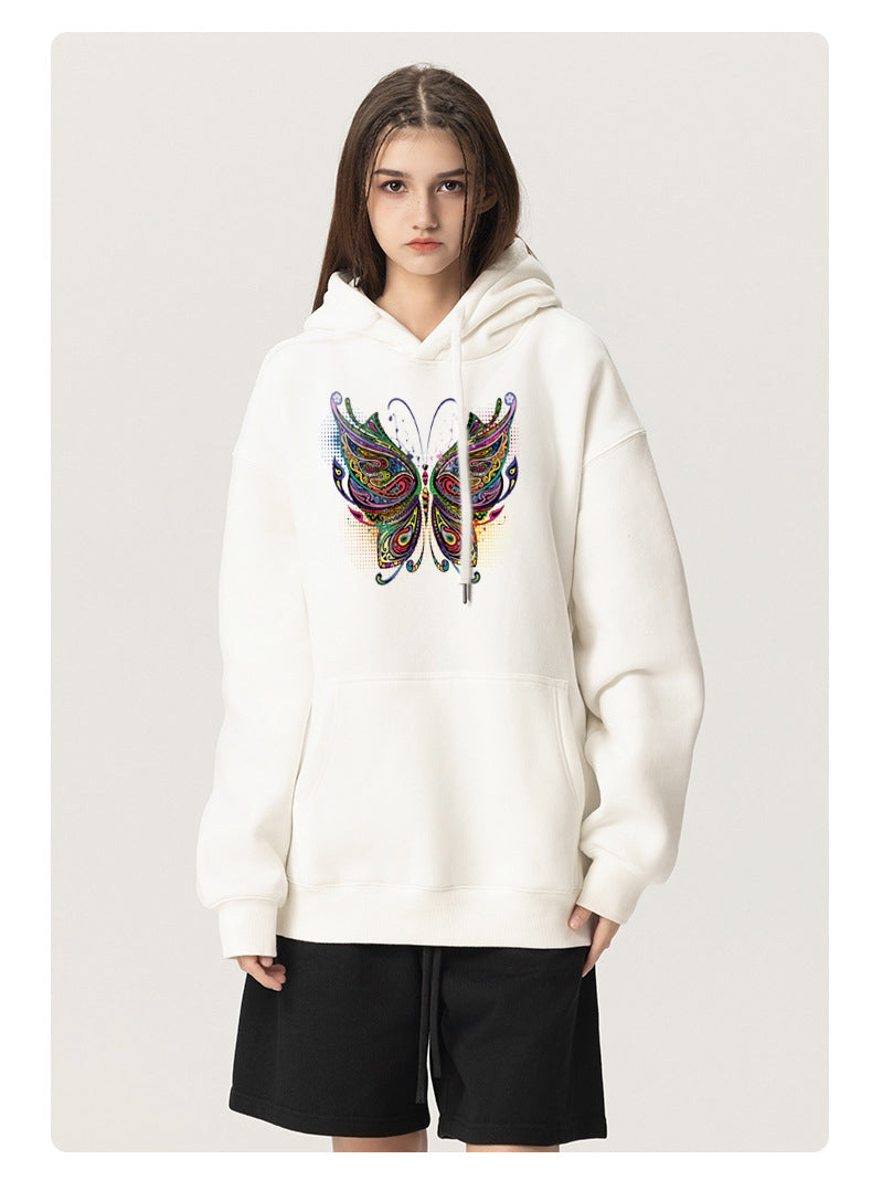 Color Butterfly Cotton Plush Hooded Collar Drawstring Hoodies Pullover Sweatshirts Casual Long Sleeve Shirts