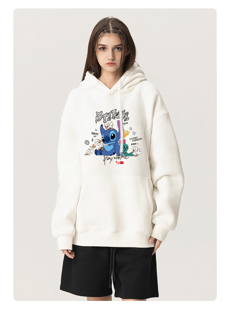 Duckling and Stitch  Unisex Plush Hooded Collar Drawstring Hoodies Pullover Sweatshirts Casual Long Sleeve Shirts