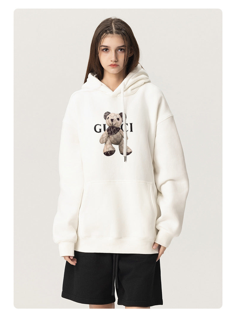 GUCCI Bear Cotton Plush Hooded Collar Drawstring Hoodies Pullover Sweatshirts Casual Long Sleeve Shirts