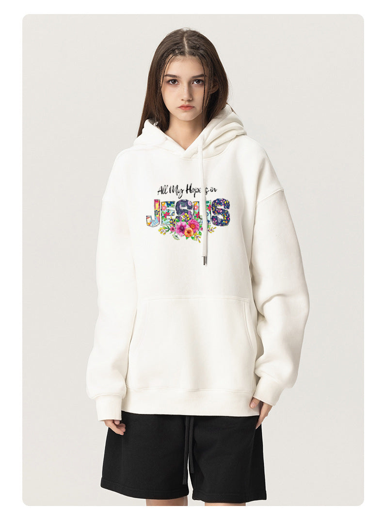 Jesus in the Flowers Cotton Plush Hooded Collar Drawstring Hoodies Pullover Sweatshirts Casual Long Sleeve Shirts